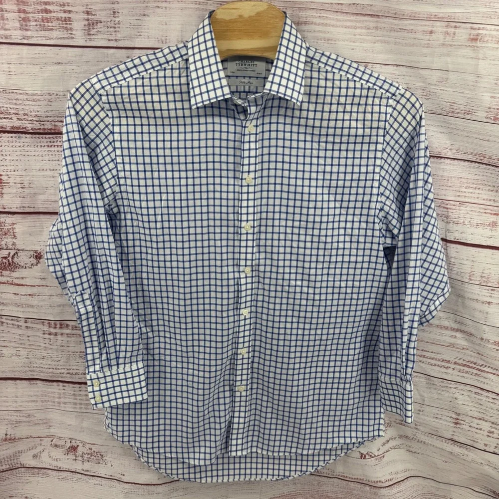 Charles Tyrwhitt Dress Shirt  Mens XL 17/35 Non Iron Blue White Tattersall Check